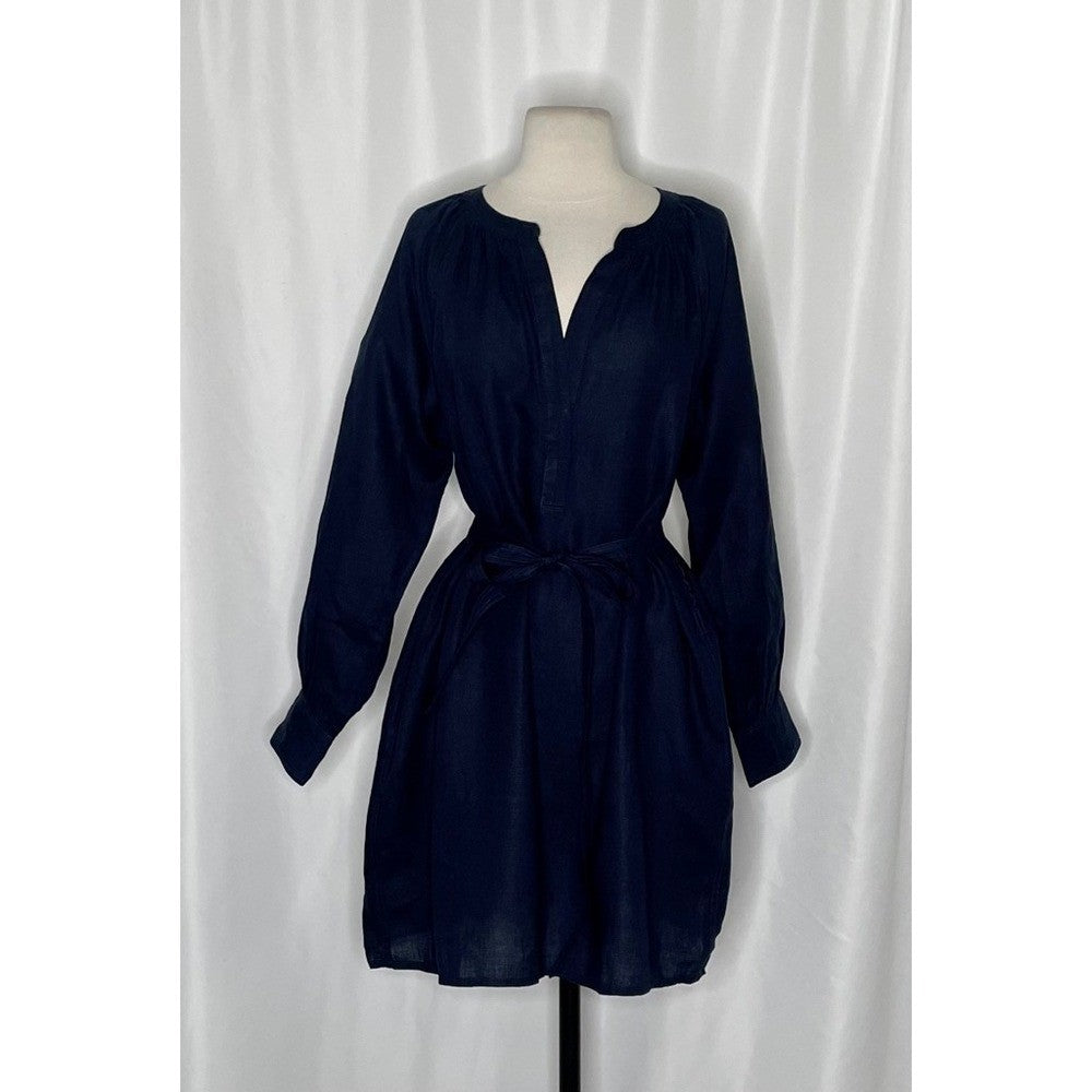 NWT!! J. CREW Cabana Mini Dress Linen Navy Blue Belted Solid Vacation Medium