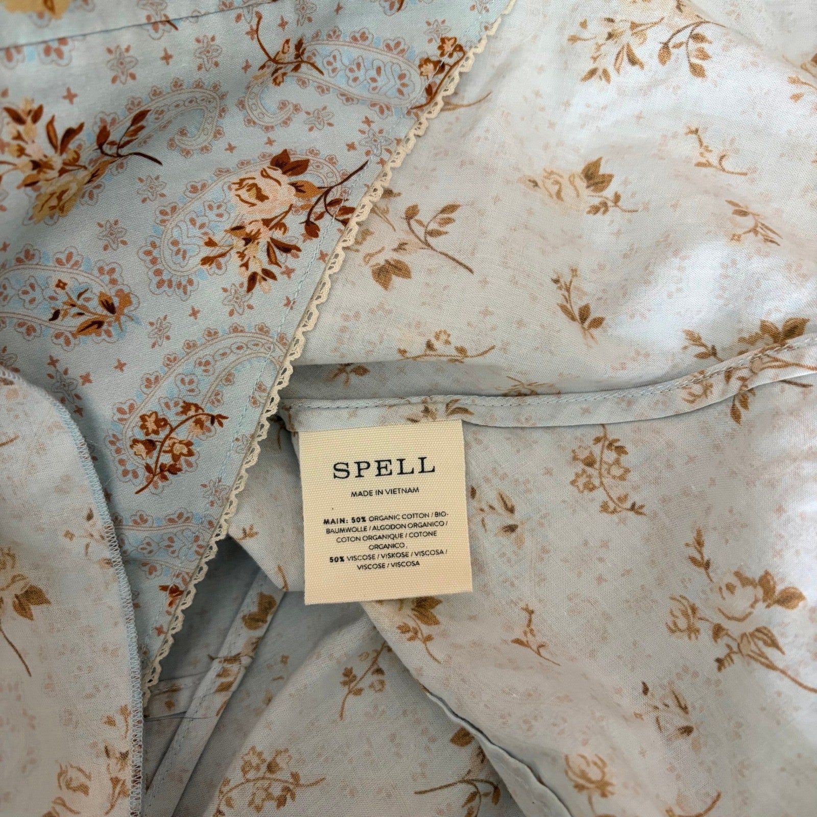 SPELL & THE GYPSY Fleur Frill Bias Maxi Dress Teapot Blue Floral Bohemian Large