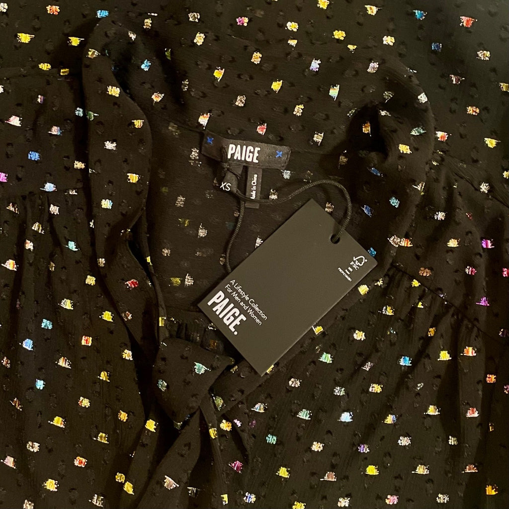 NWT!! PAIGE Cleobelle Black Metallic Tie Neck Top Blouse Rainbow Clip Dot XS