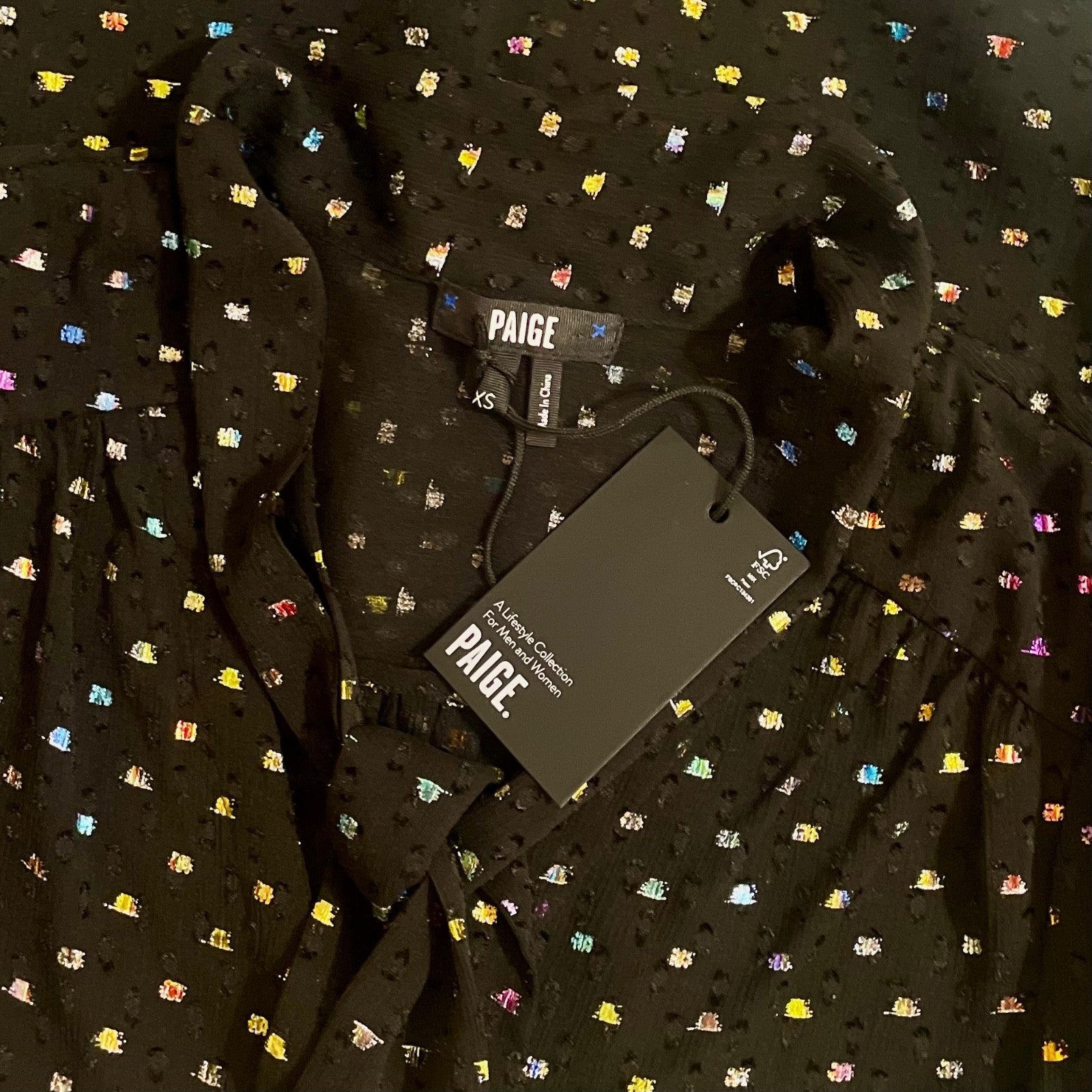 NWT!! PAIGE Cleobelle Black Metallic Tie Neck Top Blouse Rainbow Clip Dot XS