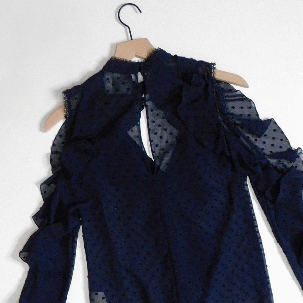 NICHOLAS Navy Blue Swiss Dot Cutout Cold Shoulder Top Blouse Ruffle Size 0