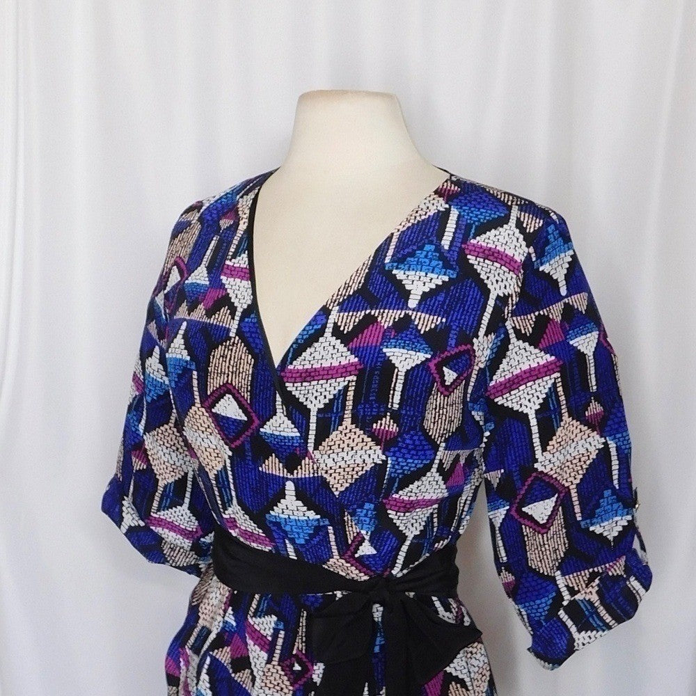 YUMI KIM Silk Faux Wrap Abstract Geometric Print Mini Dress Bright Medium