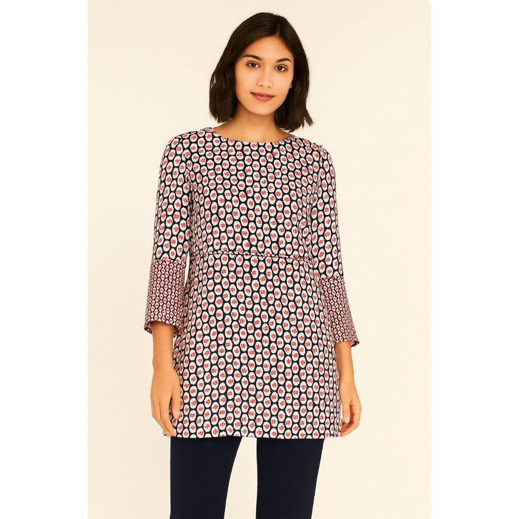 NWT!! BODEN Edna Tunic Top Retro Floral Navy Blue Red Preppy Polka Dot Size 6