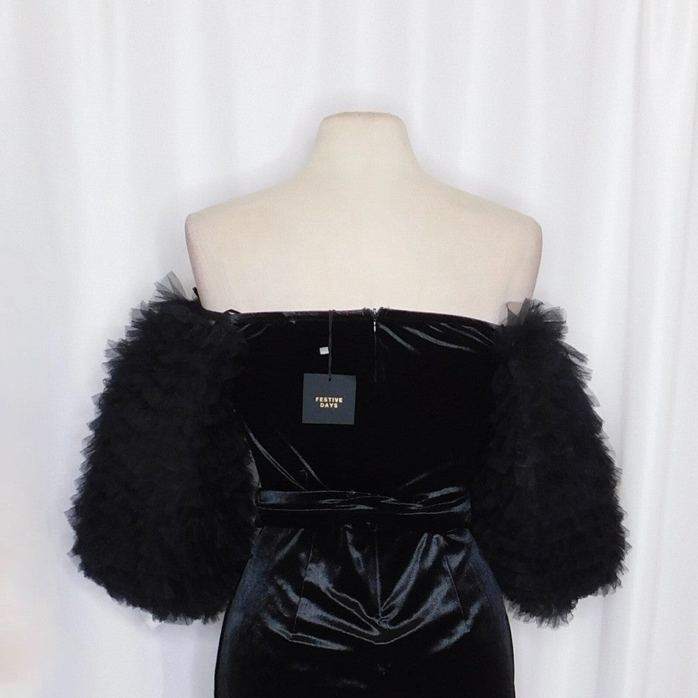 NWT!! ZARA Black Velvet Dress Ruffled Tulle Sleeves Rhinestone Party Cocktail