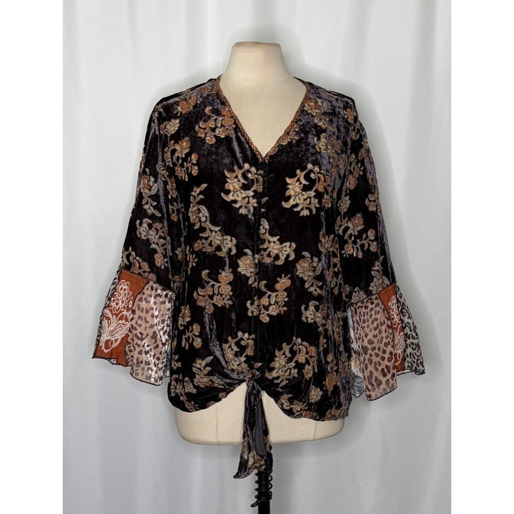 JOHN MARK Floral Velvet Burnout Animal Bell Sleeve Blouse Top Tie Waist Large