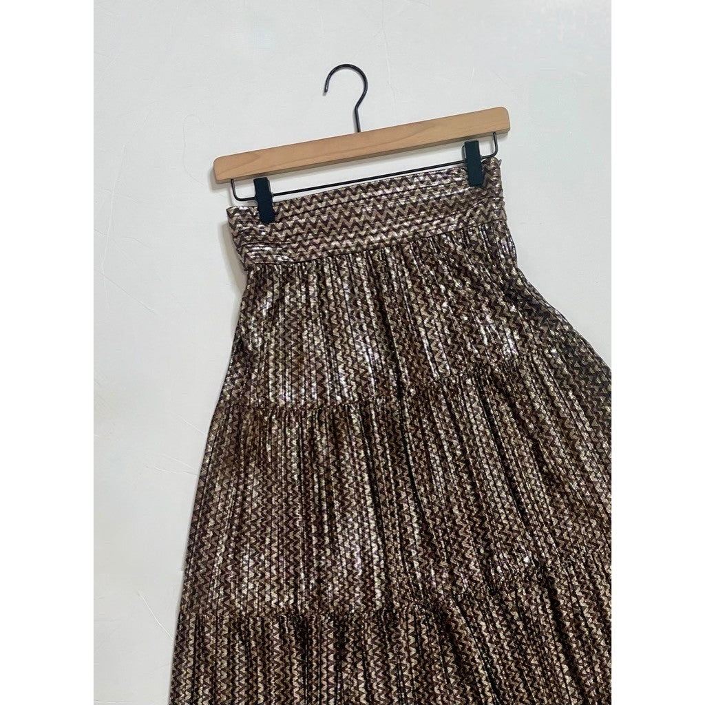 BA&SH Pleated Jupe Poly Midi Skirt Chevron Stripe Foil Metallic Tiered Size 6