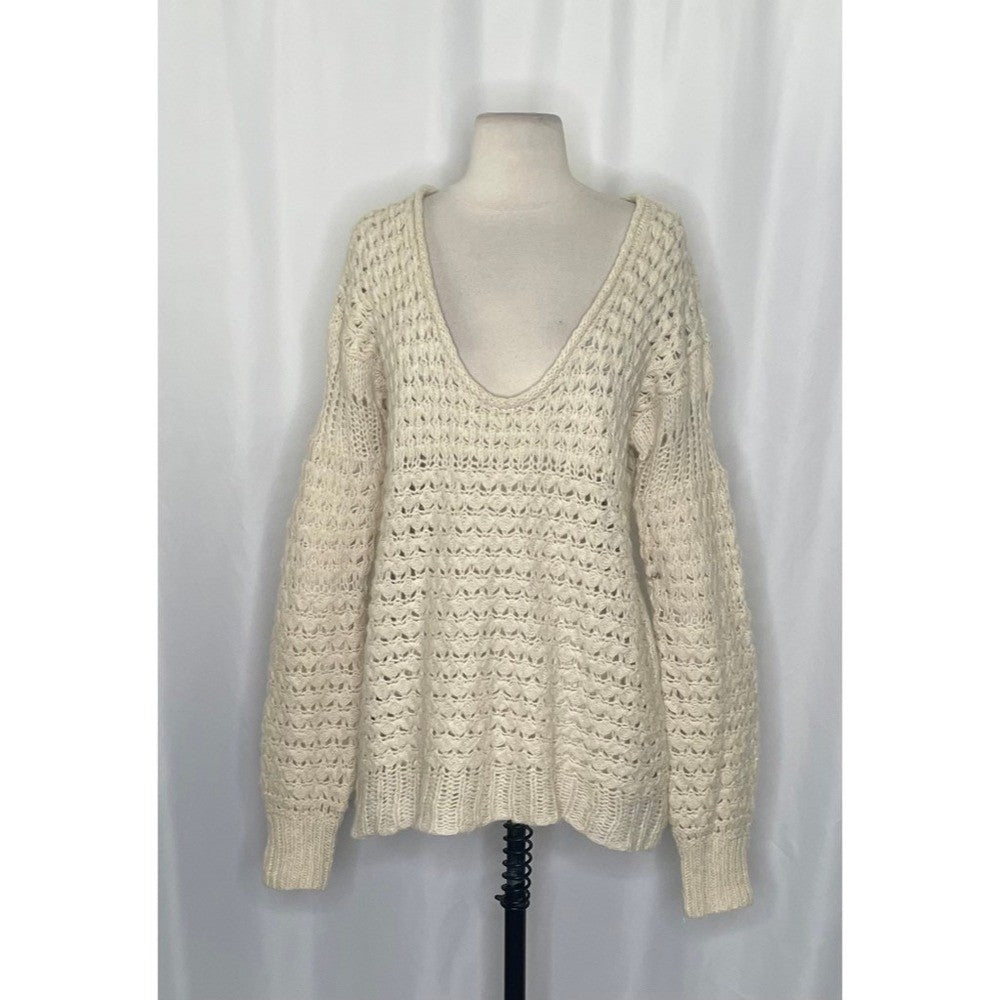 FREE PEOPLE Crashing Waves Scoop Neck Sweater Solid Cream Pullover Knit Small