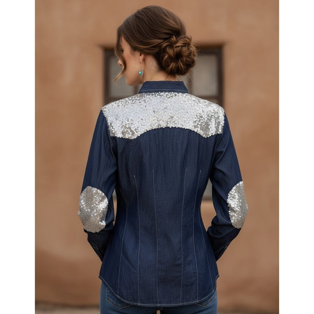 TASHA POLUZZI Roxy Denim Sequin Embellished Snap Front Shirt Western Rodeo Small