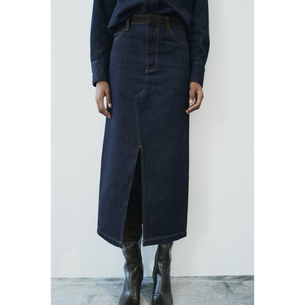 ZARA ZW Collection Denim Midi Skirt Contrast Suede Waistline Blue Pockets Small