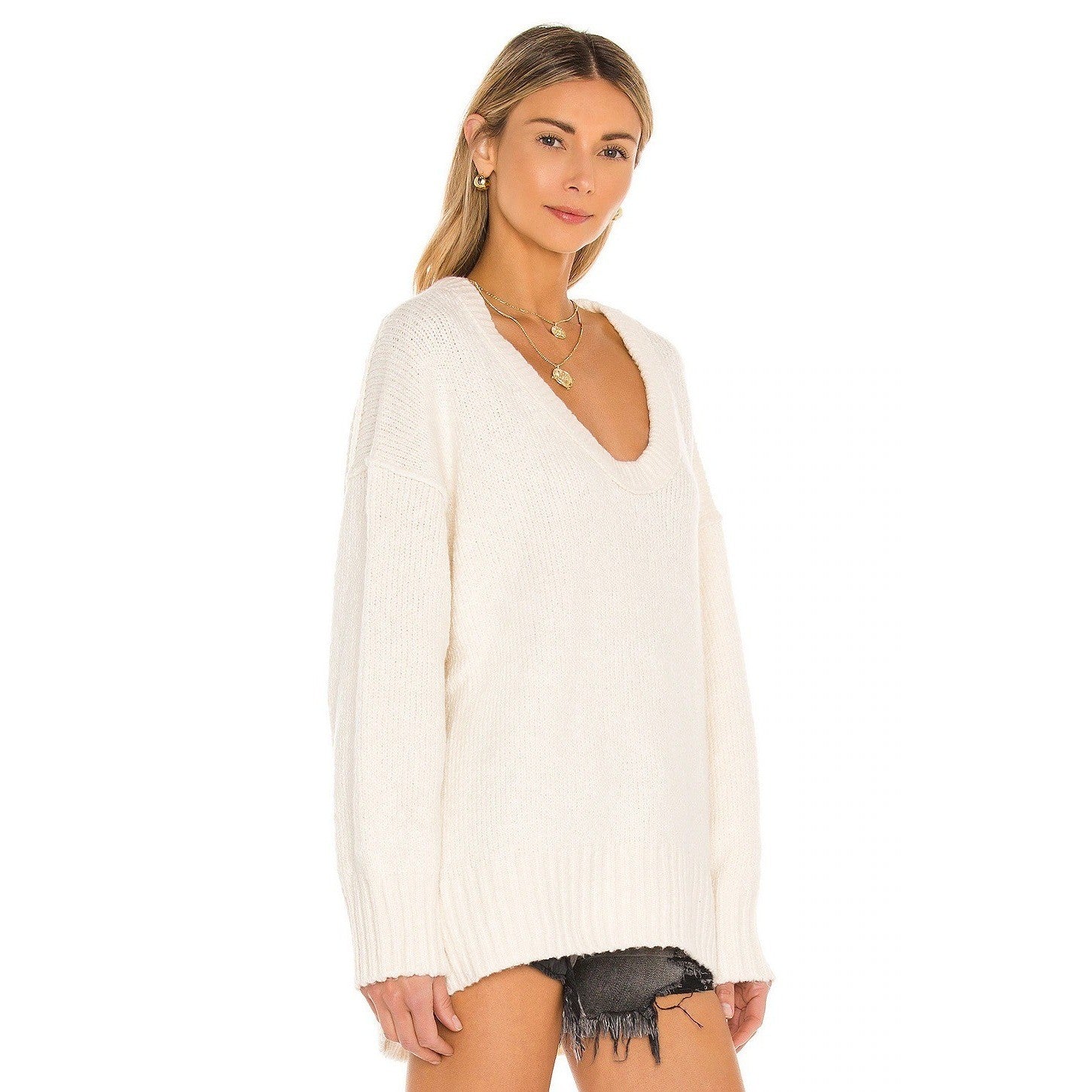 FREE PEOPLE Brookside Tunic Sweater Ivory Slouchy Solid Knitwear Scoop Large