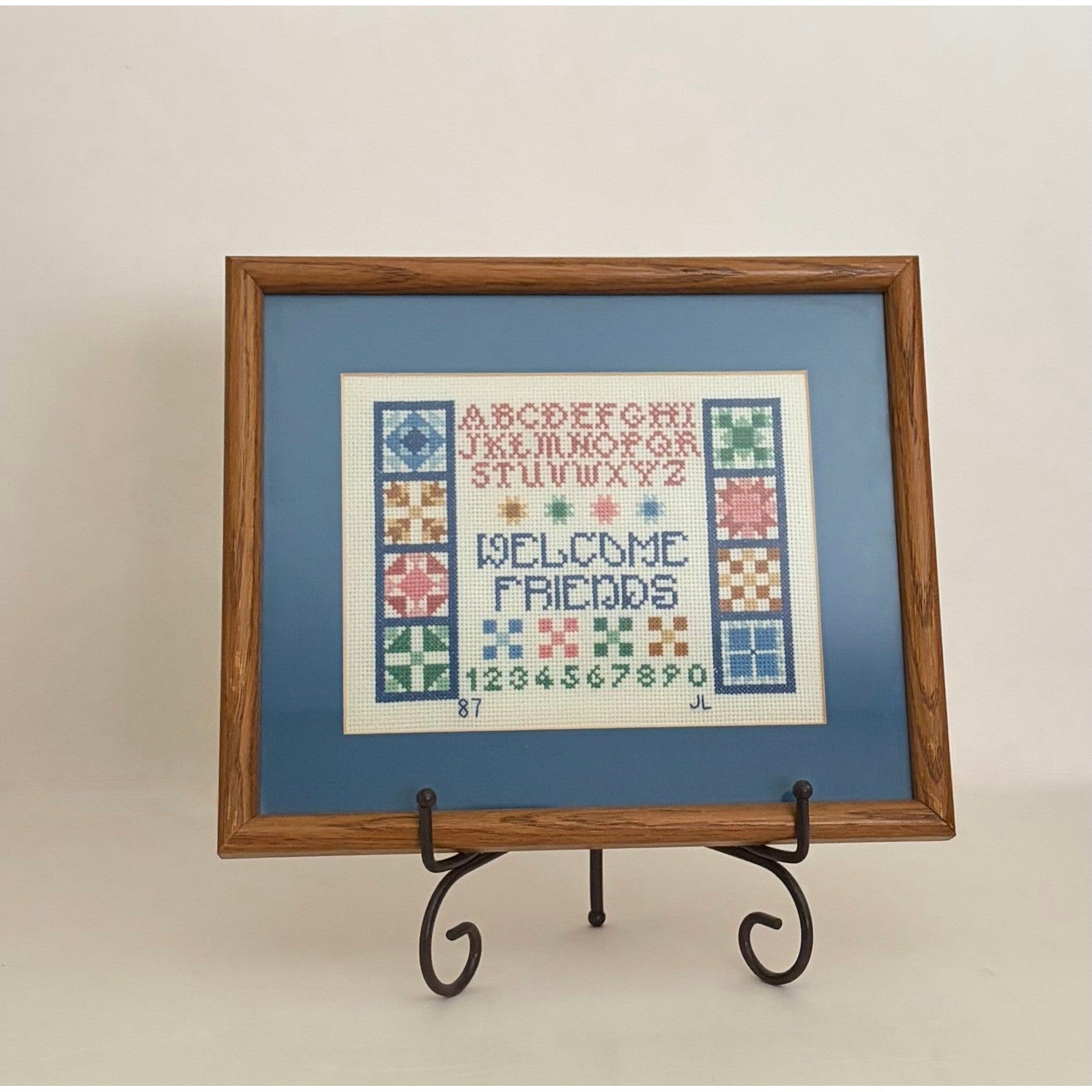 VINTAGE Framed Crossstitch Sampler Quilt Blocks Alphabet Numbers 80's 1987