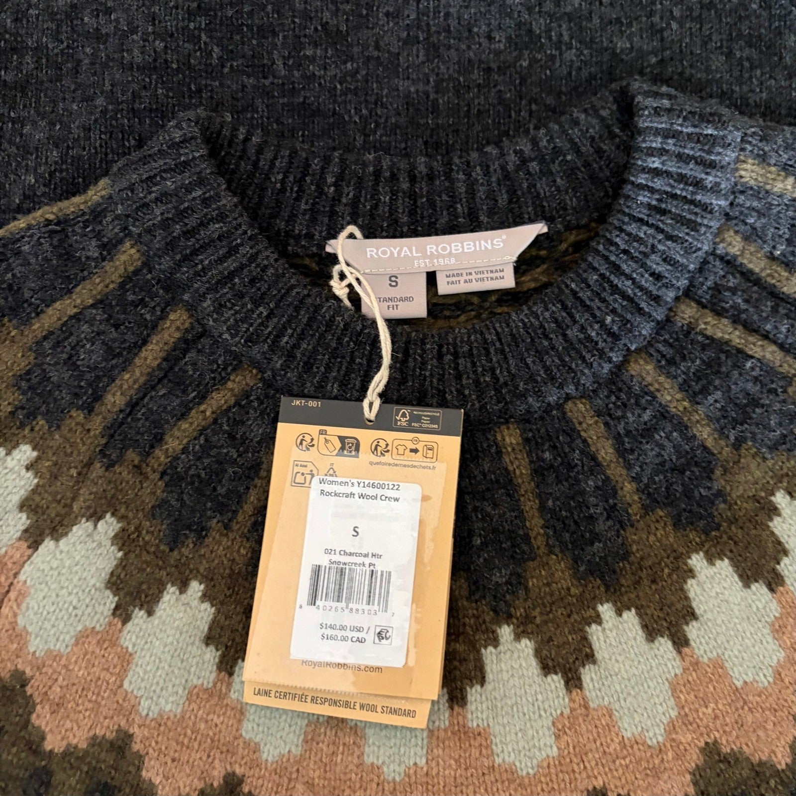 NWT!! ROYAL ROBBINS Rockcraft Merino Wool Fair Isle Crew Neck Sweater Small