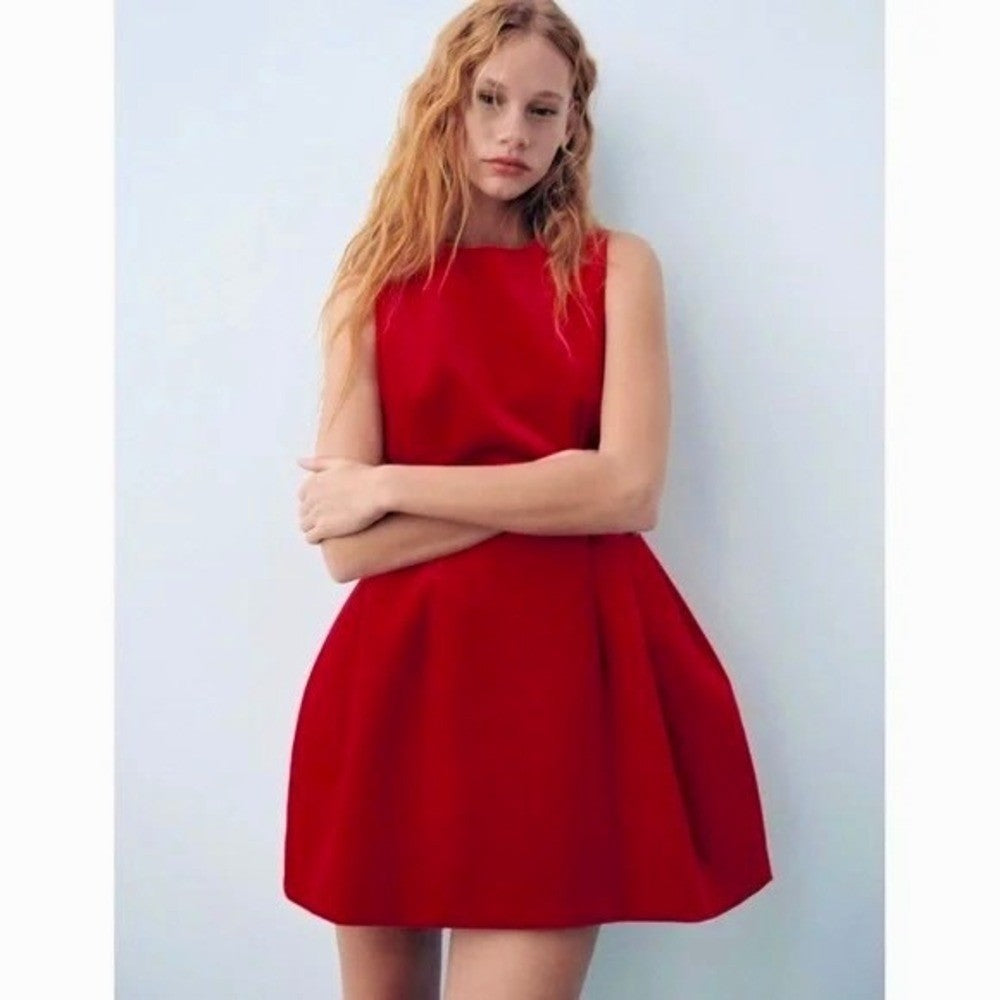 NWT! ZARA Voluminous Red Velvet Dress Valentine Date Party Mini Structured Large