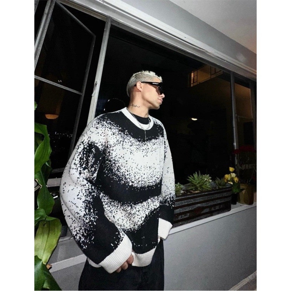 Men's ZARA Pixelated Jacquard Sweater Crewneck Crew Pullover Knit Black Medium