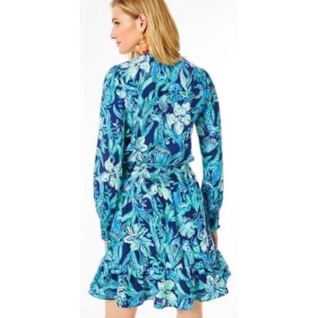 LILLY PULITZER Cristiana Dress High Tide Navy Take It Or Leaf It Smocked 0