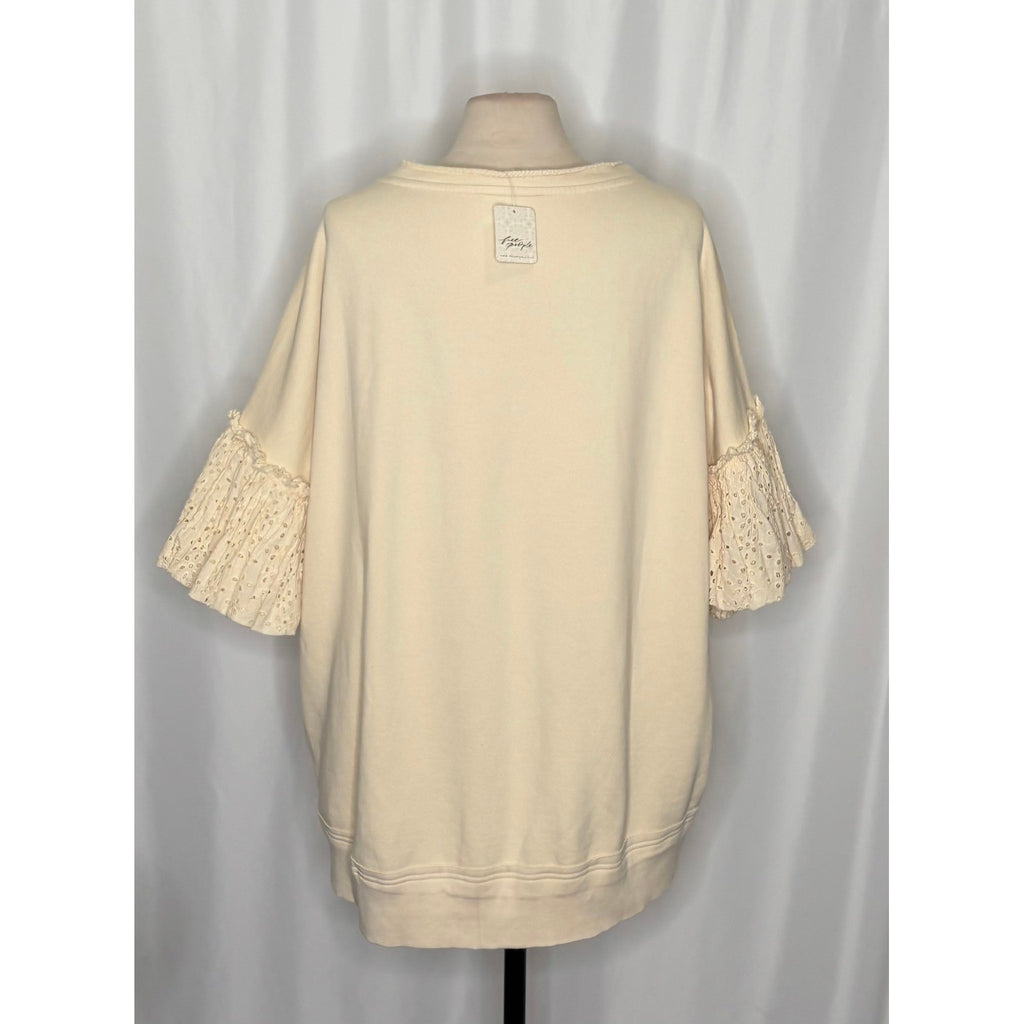 NWT!! FREE PEOPLE Doily Sweatshirt Heart Ivory Blue Eyelet Lace Bohemian Small