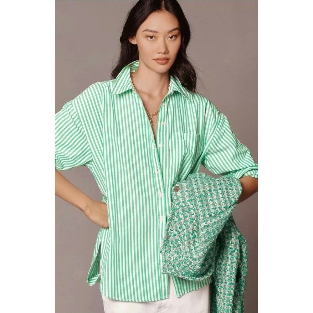 Anthropologie MAEVE The Bennet Green Stripe Buttondown Shirt Top Medium