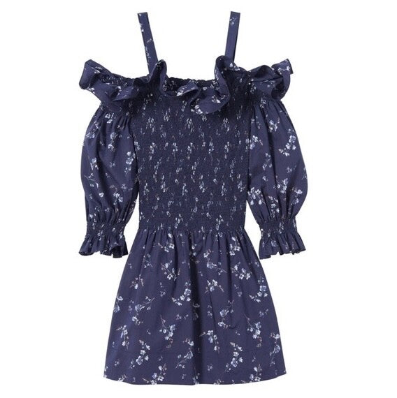 Revolve REBECCA TAYLOR Francine Off Shoulder Dress Floral Smocked Navy Blue 0