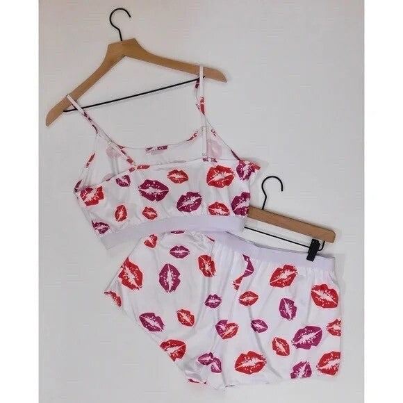 NEW!! HOT LIPS Lipstick Kiss Cropped Loungewear Two Piece Set Top Shorts XXL 2XL