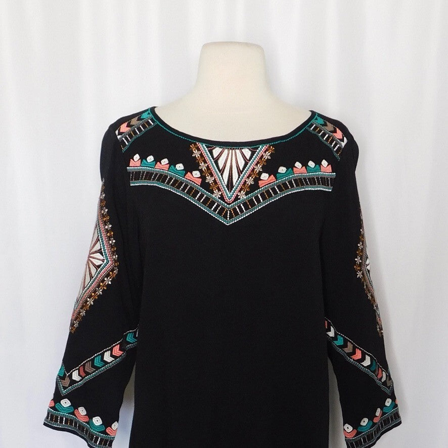 ELLA MOSS Embroidered Joss Shift Dress Retro Black Metallic Boho X-Small