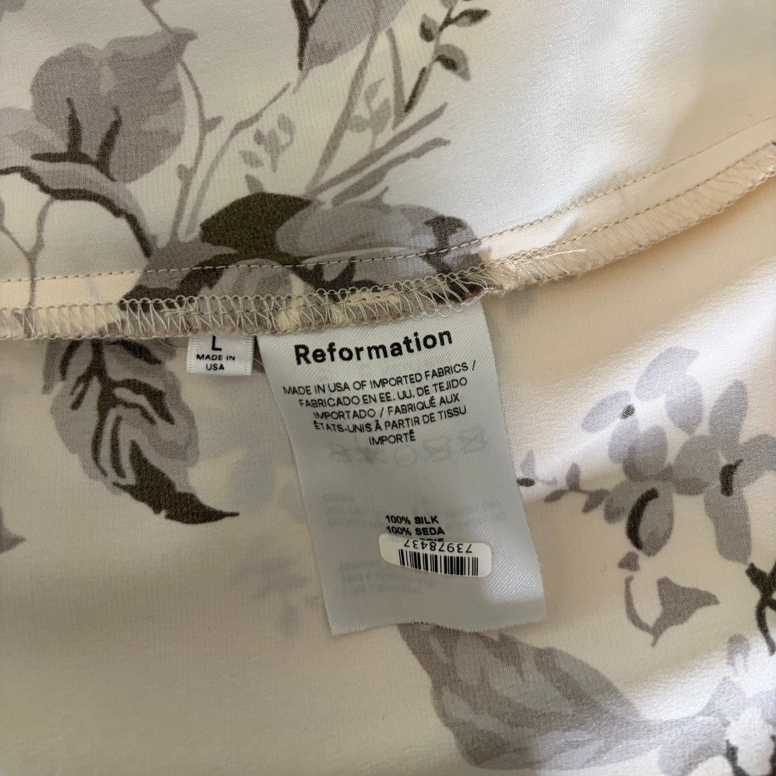 REFORMATION Silk Floral Print Blouse Top Buttondown Cream Brown Chic Large