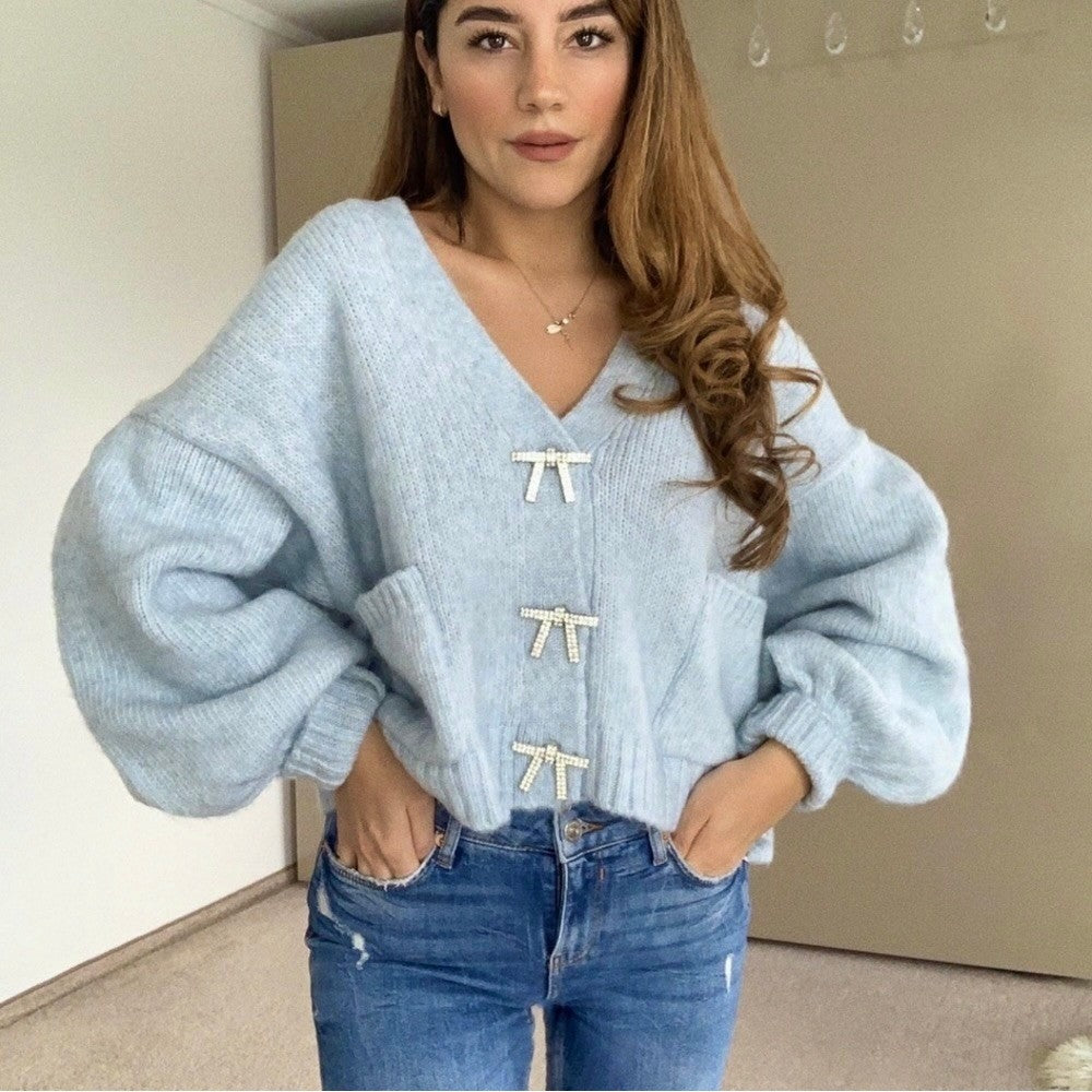 ZARA Jewel Bow Cardigan Sweater Baby Blue Coquette Blogger Favorite Preppy Small
