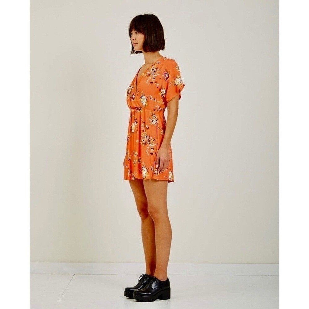 OBEY Pinot Floral Mini Dress Dolman Surplice Coral Pink Orange Boho X-Small