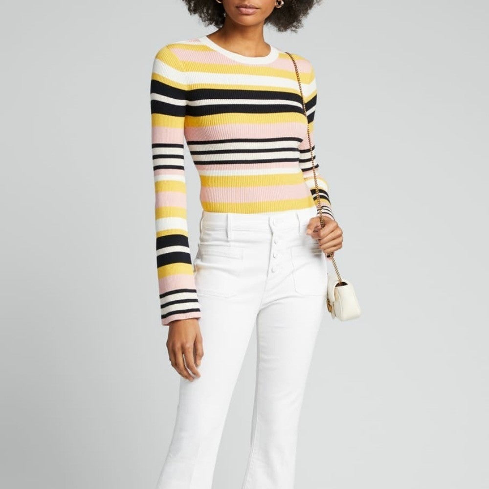 FRAME Denim Baja Citrine Stripe Sweater Cashmere Ribbed Knit Flare Sleeves Small