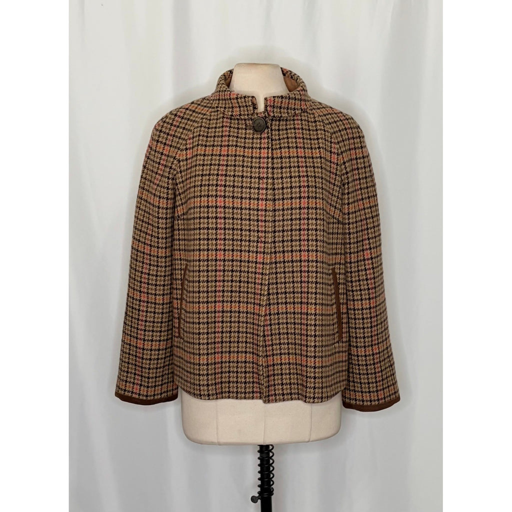 FACONNABLE Wool Plaid Jacket Coat Suede Trims Preppy Academia Swingy Medium