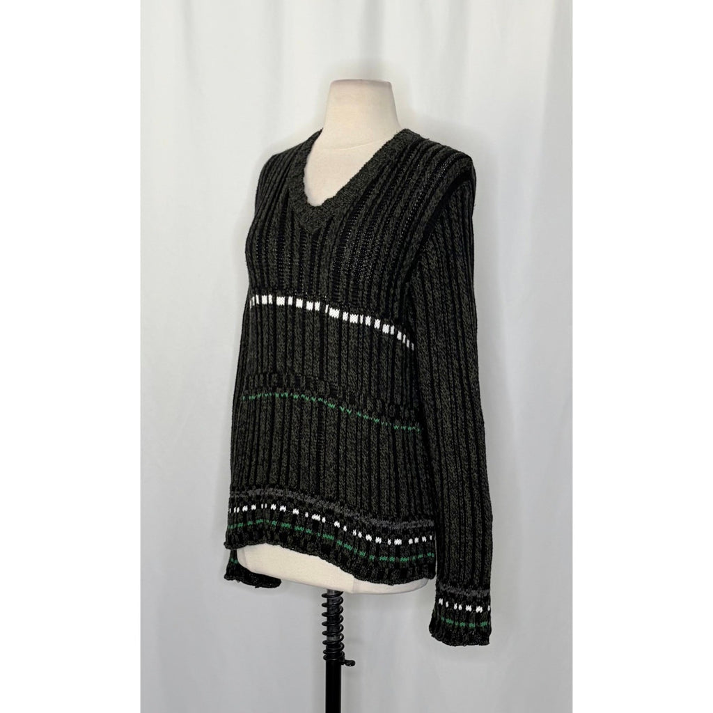 DRIES VAN NOTEN Green Striped Pullover Knit Sweater V Neck Medium