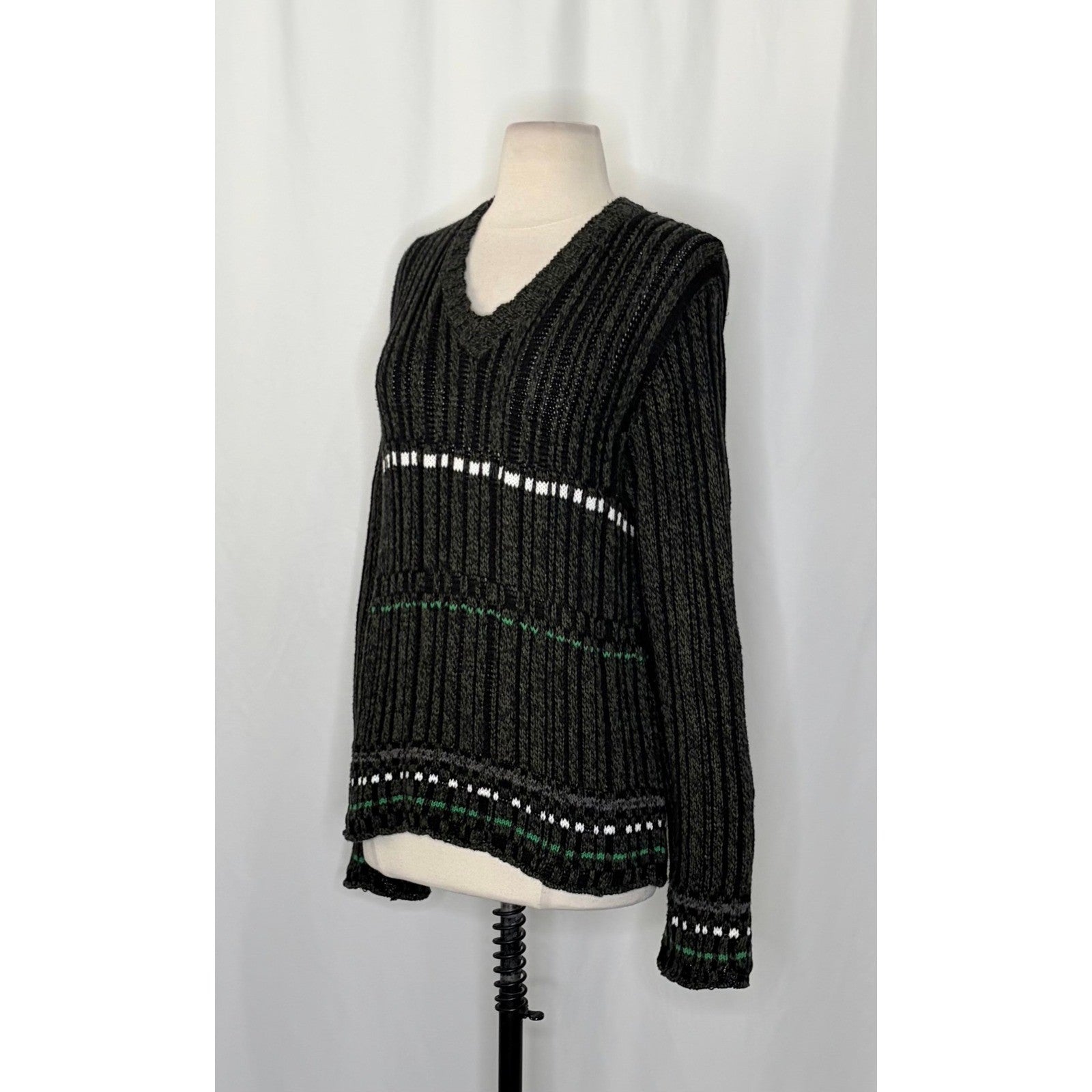 DRIES VAN NOTEN Green Striped Pullover Knit Sweater V Neck Medium