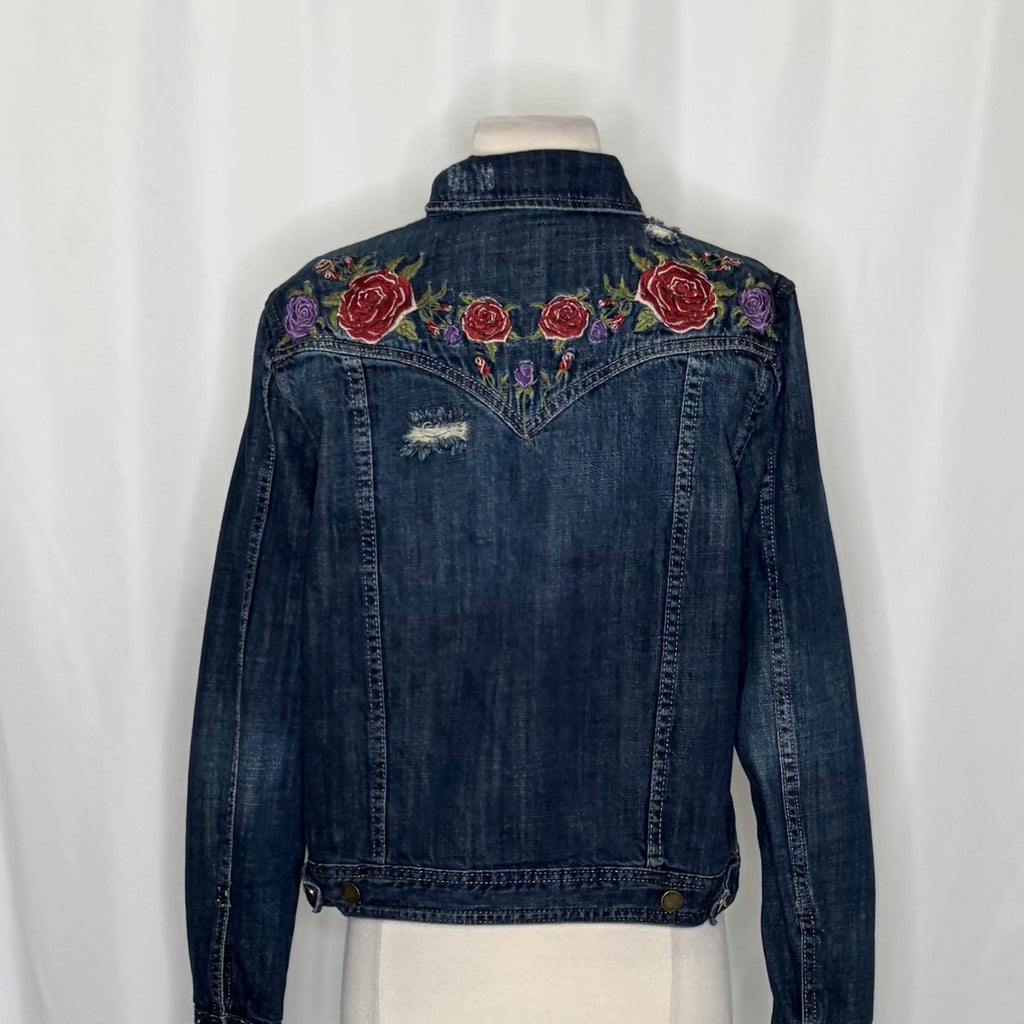BLANK NYC Floral Embroidered Denim Jean Jacket Distressed Pockets Buttons Medium
