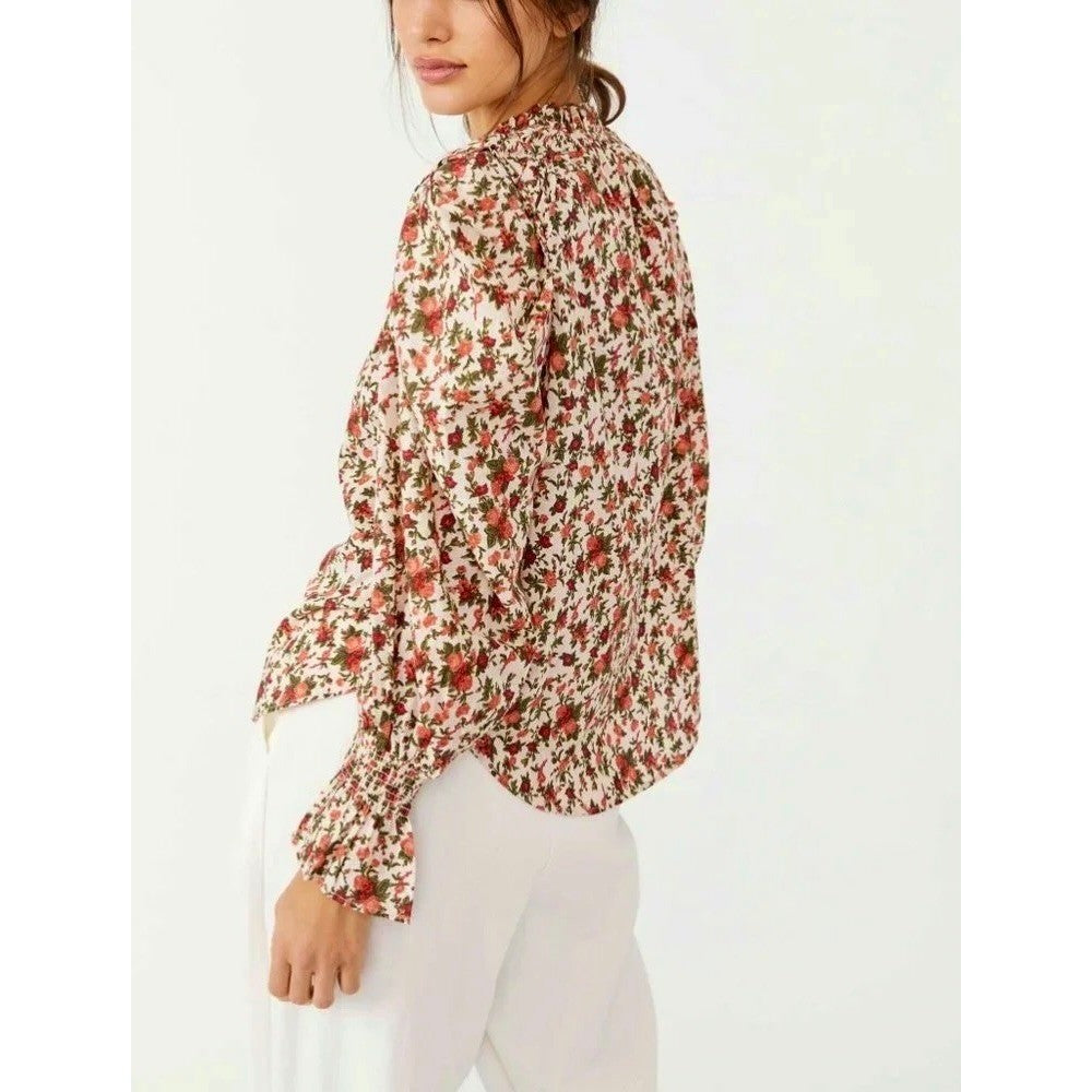 FREE PEOPLE Meant To Be Blouse Floral Vintage Combo Ruffled Smocked Small
