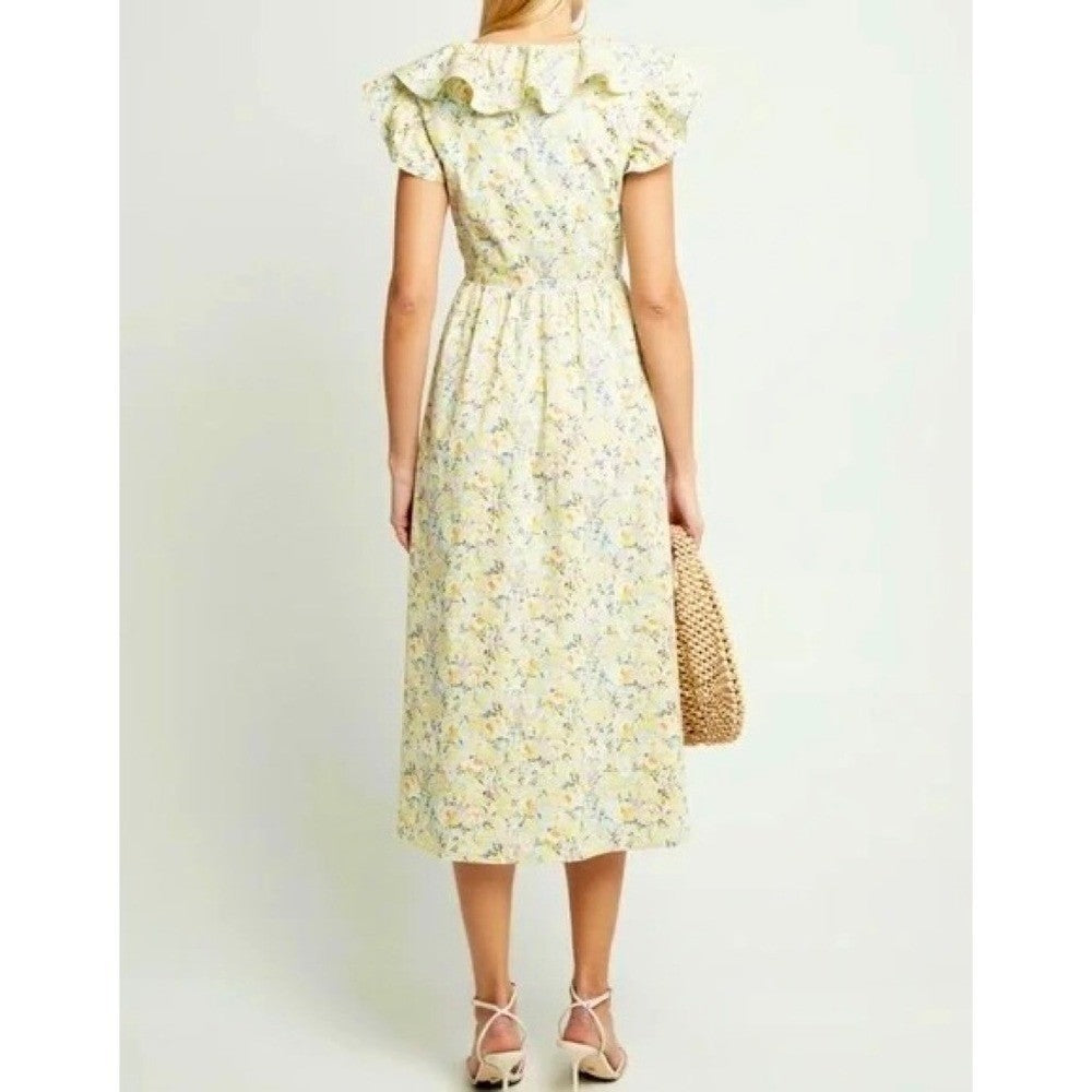 O.P.T. Kate Floral Ruffled Midi Dress One Pretty Time Pockets Ruffles Small