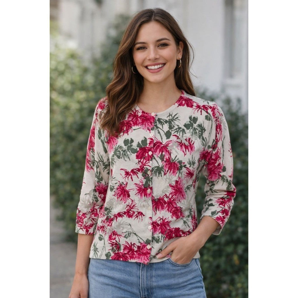 NEW!! GARNET HILL Merino Wool Cardigan Sweater Floral Gray Pink Preppy Small