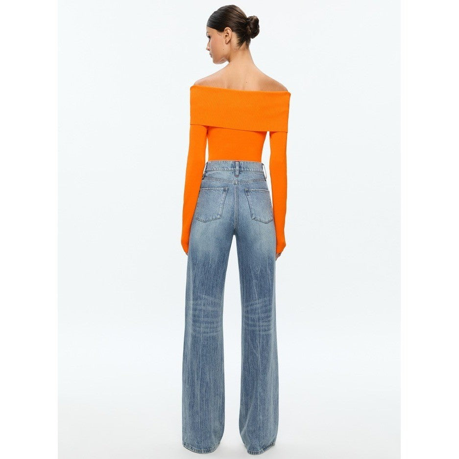 ALICE + OLIVIA Dolan Pullover Orange Blaze Knit Off The Shoulder Sweater Small