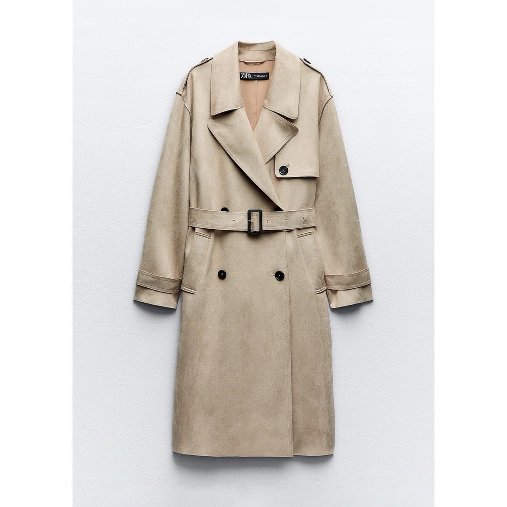 ZARA Faux Suede Trench Coat Belted Jacket Solid Tan Brown Pockets Outdoors Large