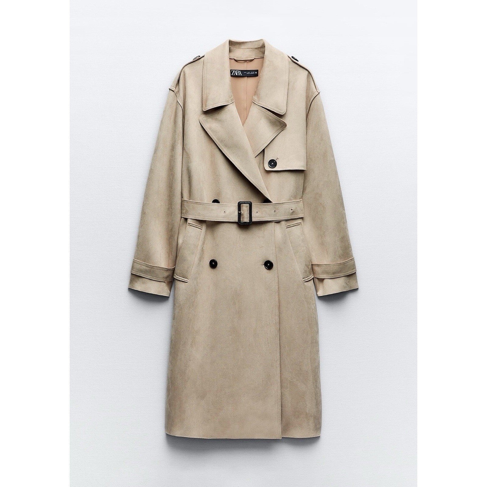 ZARA Faux Suede Trench Coat Belted Jacket Solid Tan Brown Pockets Outdoors Large