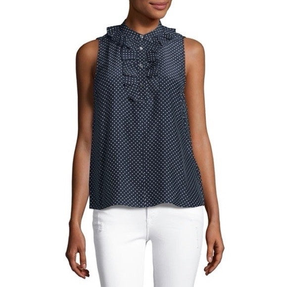 NWT!! FRAME Denim Silk Polka Dot Top Blouse Sleeveless Ruffled Coquette X-Small
