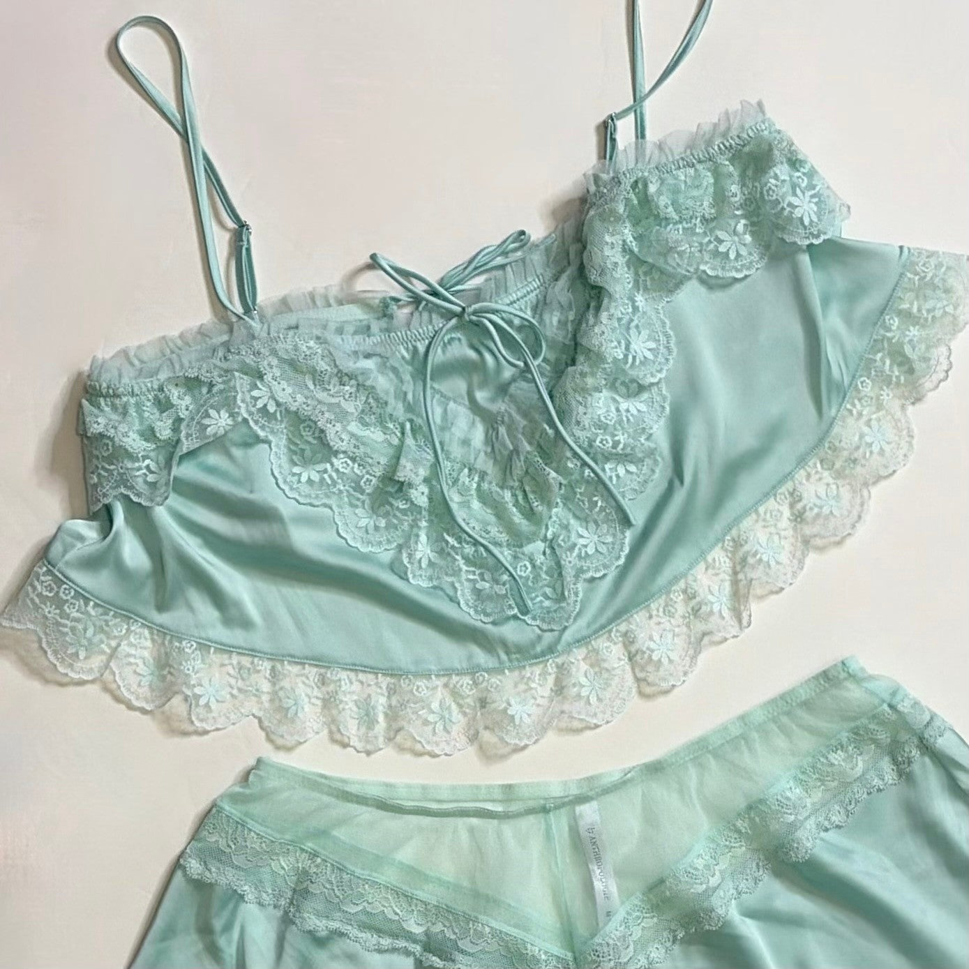 ANTHROPOLOGIE Two Piece Set Crop Lace Ruffle Cami Short Mint Green Lacey Medium