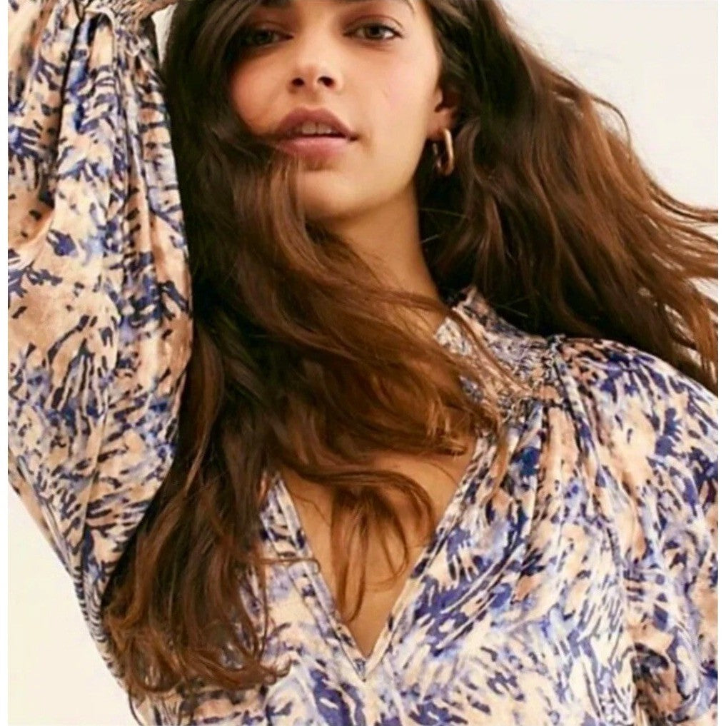 FREE PEOPLE Smocked Crushed Velvet Top Blouse Go Get 'Em Tiger Animal Small