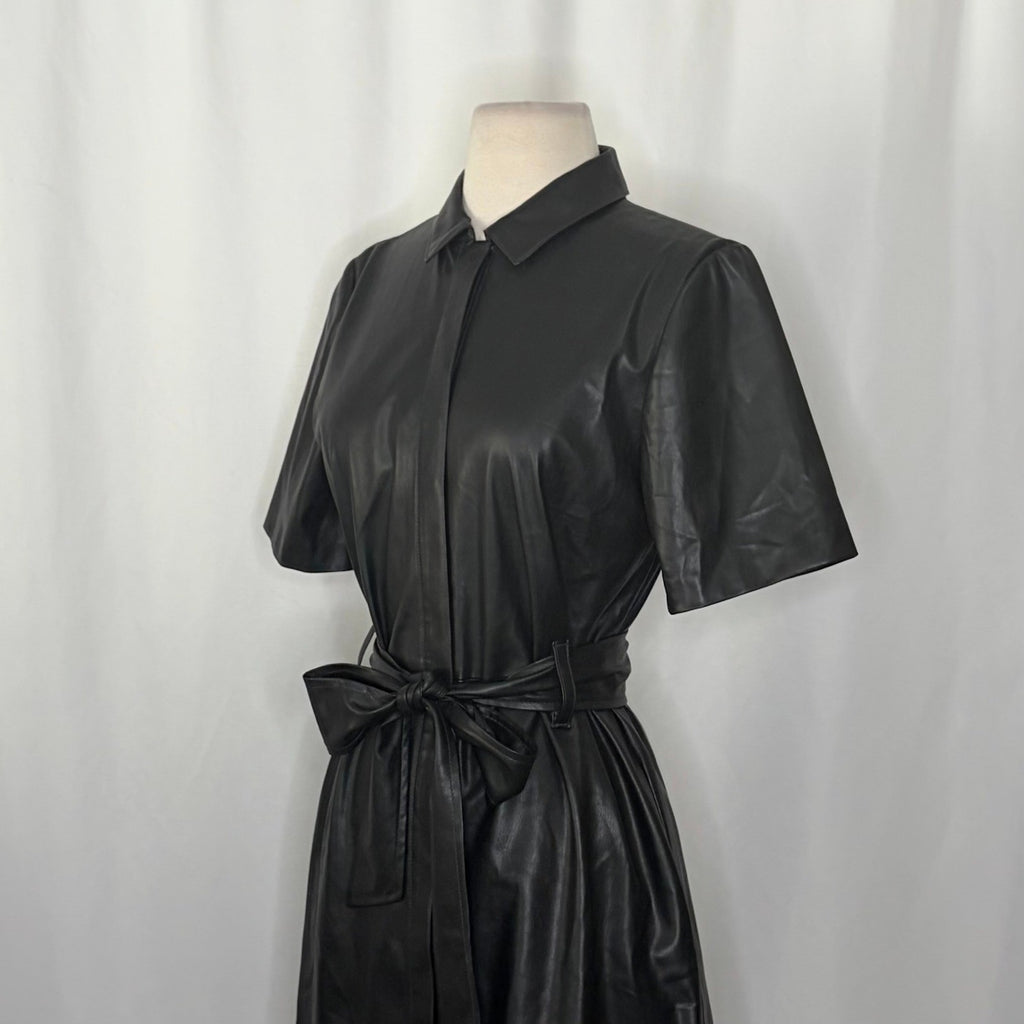 NWT!! J. CREW Solid Black Button Front Faux Leather Dress Belted Vegan Small