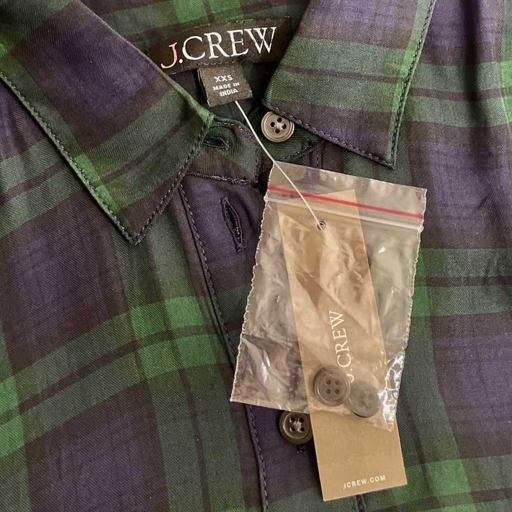 NWT!! J. CREW Drapey Button-Up Shirt Black Watch Tartan Plaid XXS XX-Small