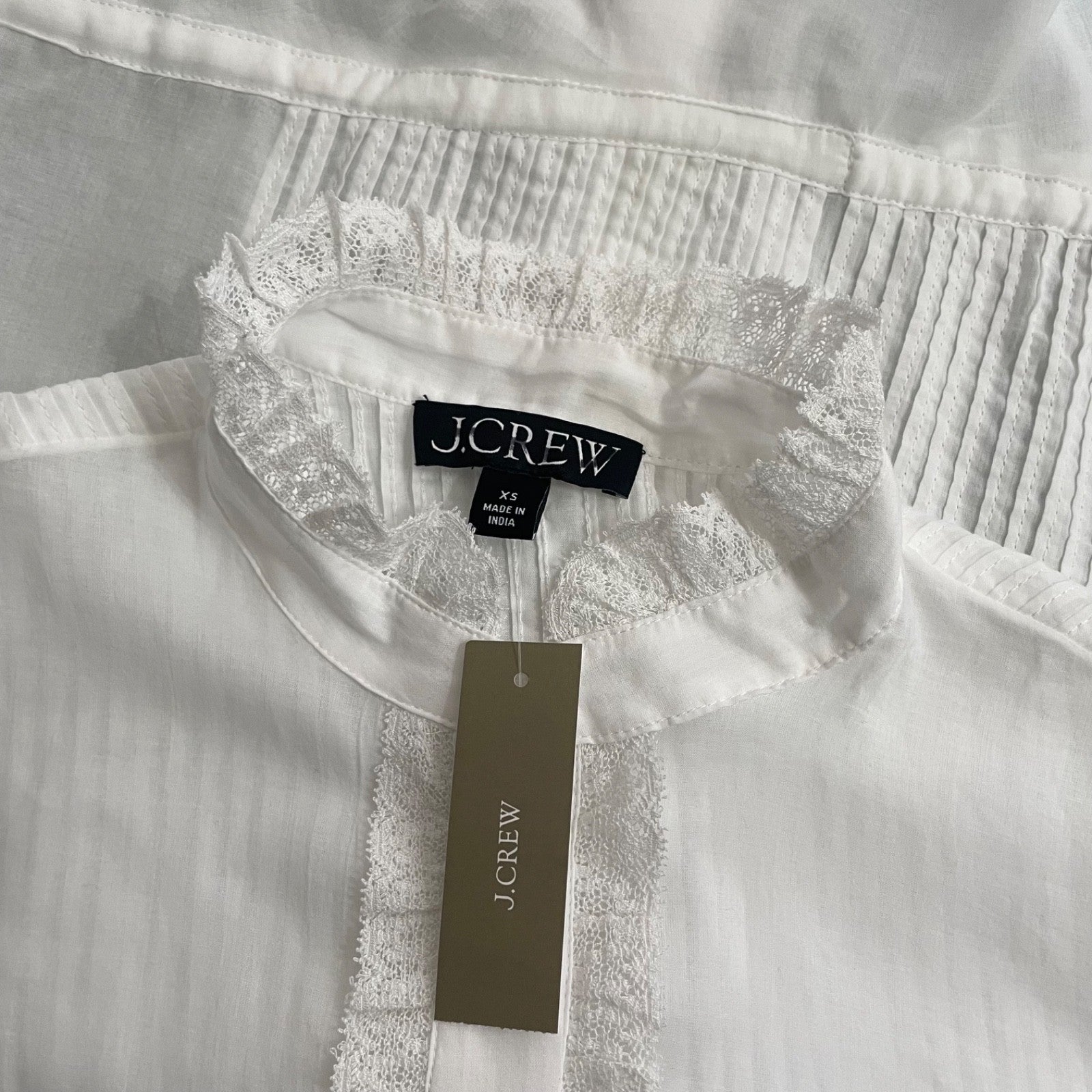 NWT!! J. CREW Lace Trim Cinched-Waist Cotton Voile White Top Blouse X-Small