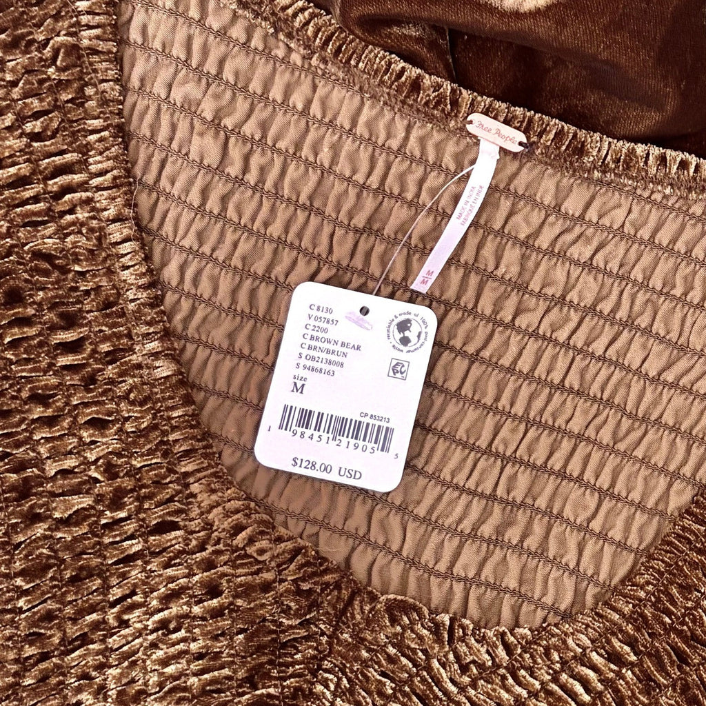 NWT!! FREE PEOPLE Farrier Velvet Mini Dress Smocked Solid Brown Bear Mini Medium