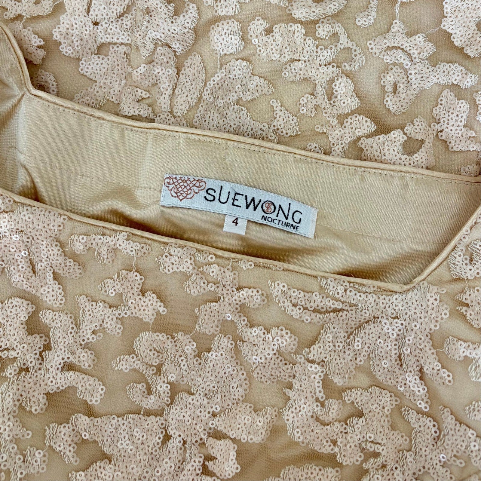 SUE WONG Nocturne Champagne Sequin Sleeveless Party Cocktail Sheath Dress Size 4