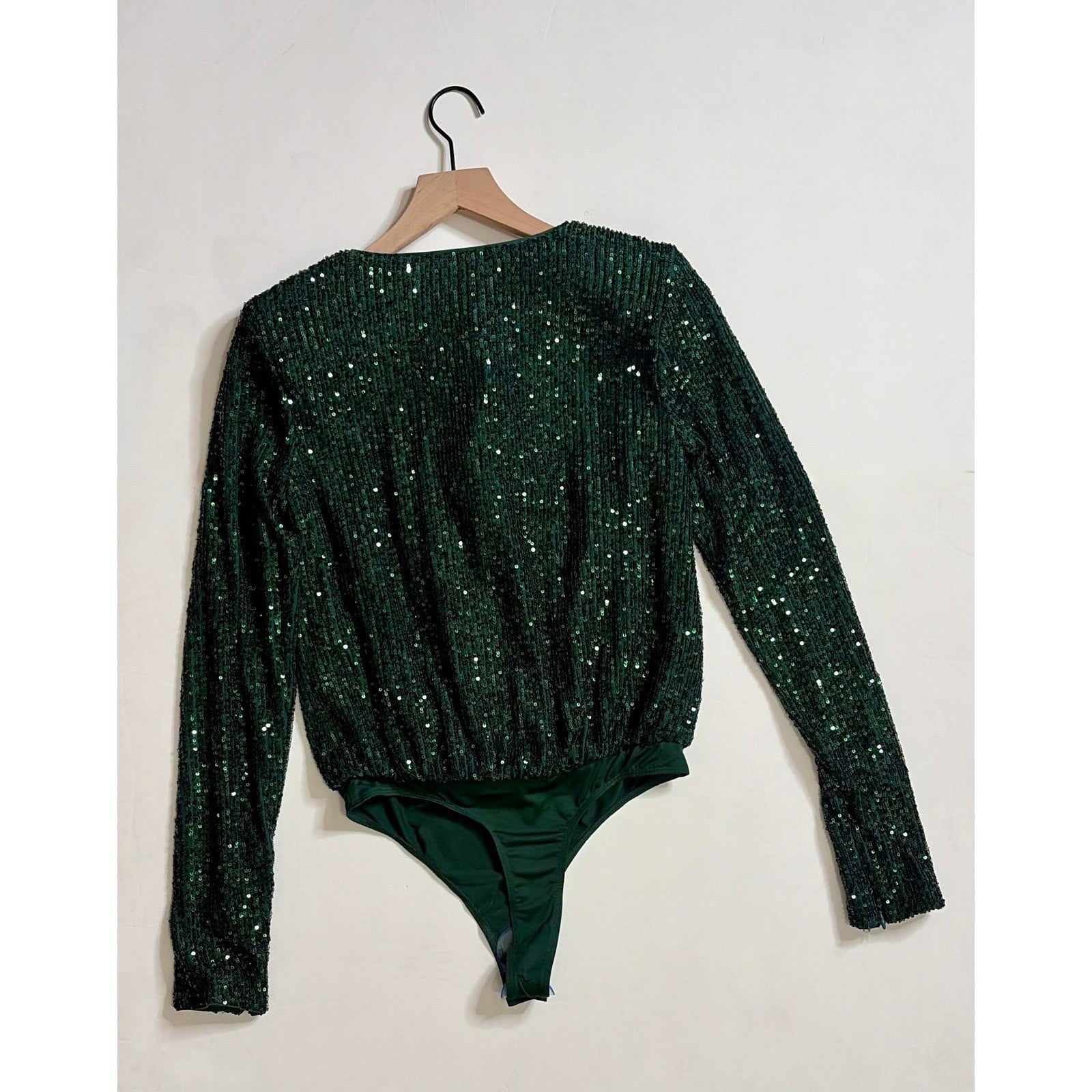 NWT!! Revolve CAMILA COELHO Green Sequin Cece Bodysuit Draped Neckline Small