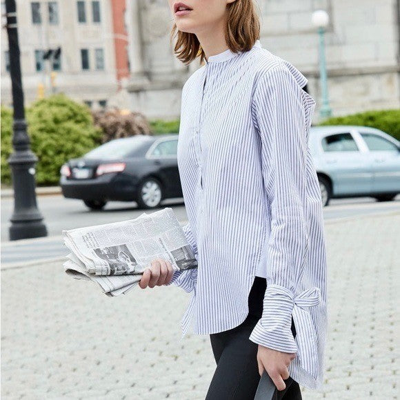 RAG & BONE Dylan Silk Tie Sleeve Striped Blouse Blue White Popover Poplin Small
