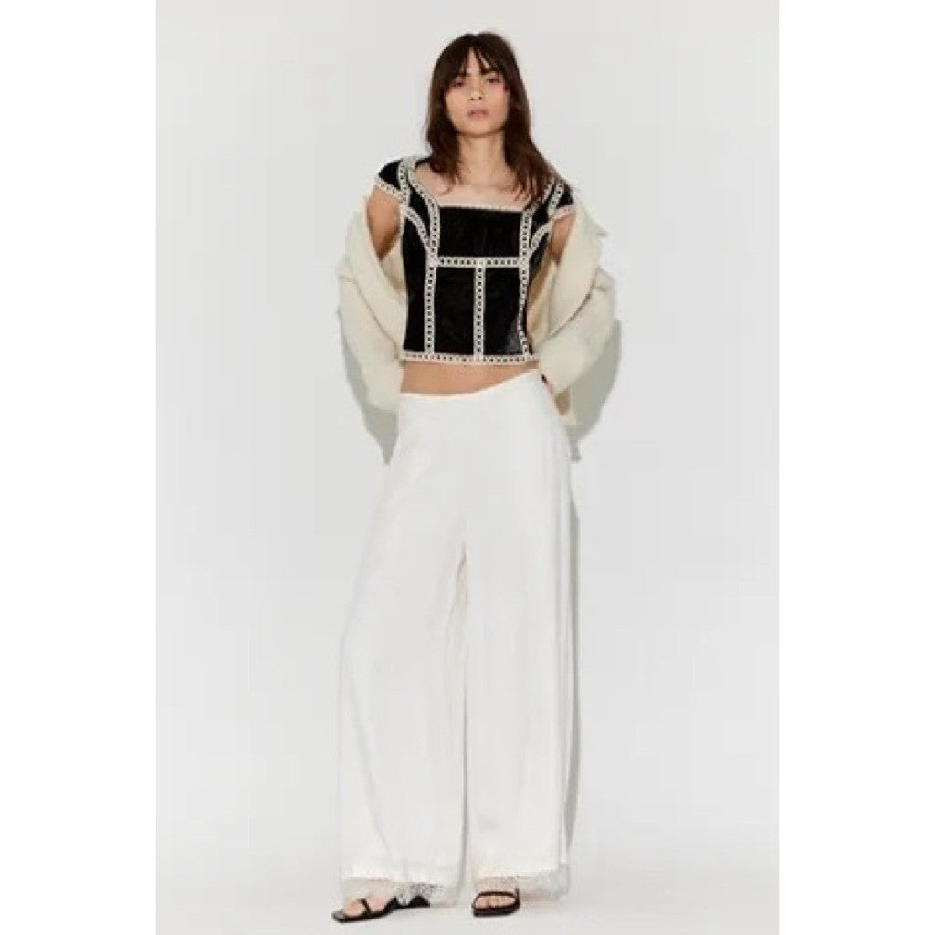 NWT!! FREE PEOPLE Tyler Velvet Corset Top Black Cream Embroidered Bohemian Small