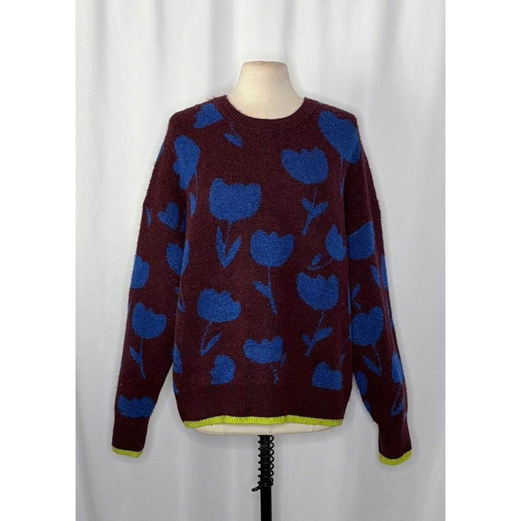 SCOTCH & SODA Crewneck Tulip Intarsia Pullover Sweater Burgundy Blue Large